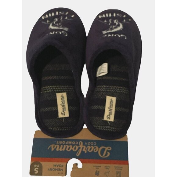 Dearfoams Mens Cozy Comfort Memory Foam Gone Fishin Slippers Size S 7/8 Blue - Picture 14 of 16
